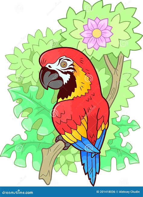 Cute Macaw Parrot Sitting On Branch Funny Illustration Stock Vector