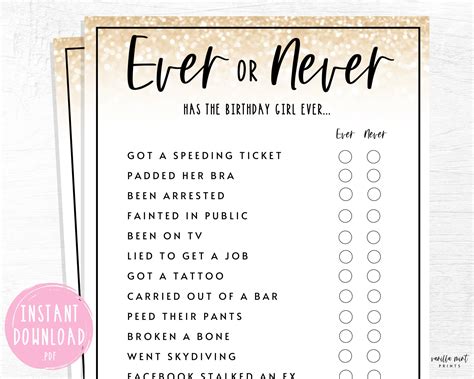 Adult Birthday Party Games Ever Or Never Birthday Party Game Etsy