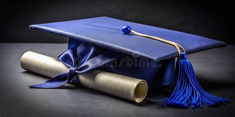 Dark Blue Graduation Cap and Diploma Isolated on Black Background ...