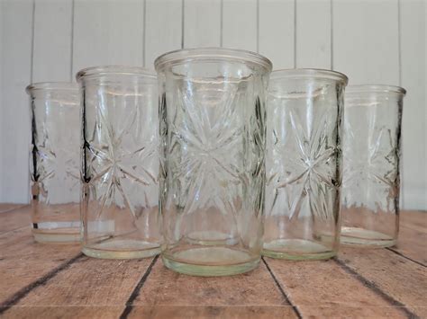 Vintage Anchor Hocking Or Ball Jelly Jar Juice Glasses Tumblers Set Of 6 Star Starburst Design