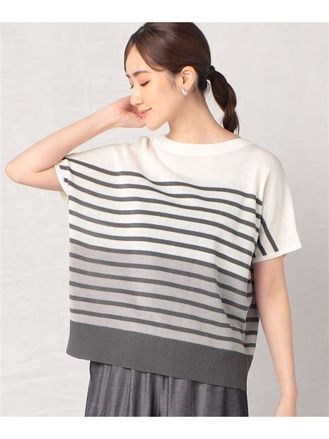 楽天市場SALE OFFグラデーションボーダー フレンチスリーブ ニットTシャツ Comme ca Mature コムサイズム トップス ニット ネイビー グレー ベージュ