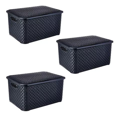 Kit 3 Caixas Organizadoras Rattan 16 Lts Preto Lig Brink Parcelamento