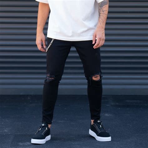 Mens Skinny Leg Ripped Knees Black Jeans Martin Valen