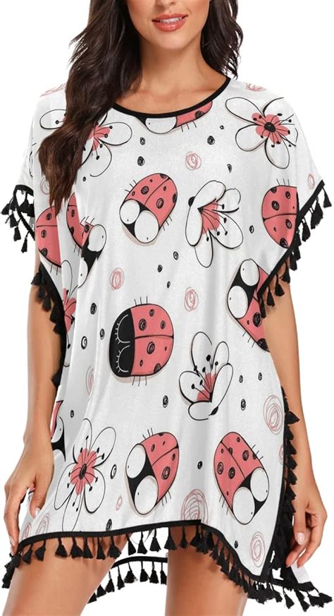 Zzwwr Ladybug Floral Chiffon Tassel Bikini Swimsuit Beach Bathing Suit Cover Up Dress At Amazon