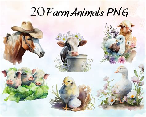 Watercolor Farm Animal Clipart Bundle Flower Cows Png Baby Animals