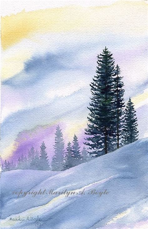 Original Watercolor Painting Art Scene Winter Snow Evergreen Trees