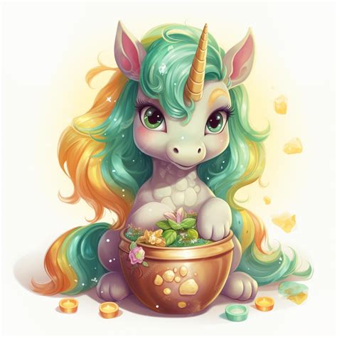 Premium Photo Cartoon Unicorn With A Pot Of Gold Coins Generative Ai