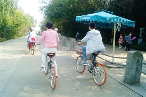 Shenzhen, China: Tourists Travel by Bike in Shenzhen Bay Park Editorial ...