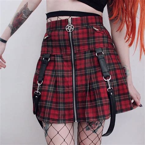 Multiflora Mini Red Plaid Skirts For Women Sexy Strap Gothic Steam Punk