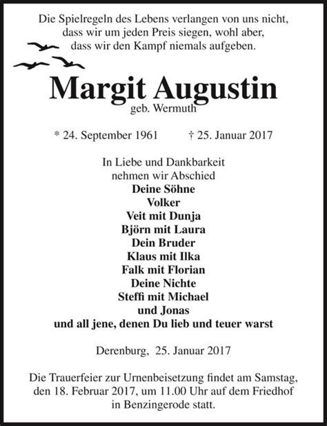 Traueranzeigen Von Margit Augustin Geb Wermuth Abschied Nehmen De