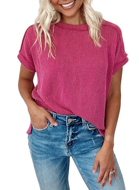 EVALESS Blouses For Women Crew Neck Short Sleeve Textured Summer Tops