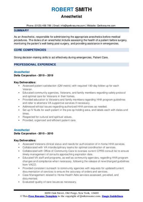 Anesthetist Resume Samples Qwikresume