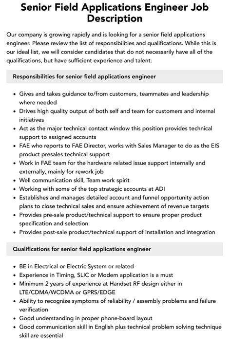 Senior Field Applications Engineer Job Description Velvet Jobs