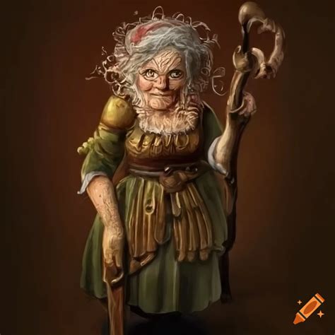 Character Design Of A Elderly Female Gnome With Staff And Hat On Craiyon