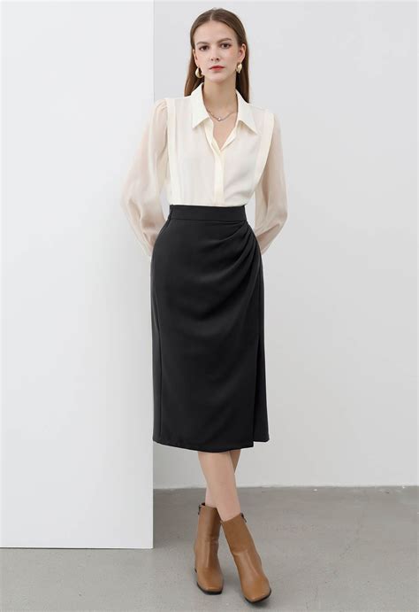 Enchanting Pleats Front Slit Pencil Skirt in Black - Retro, Indie and ...