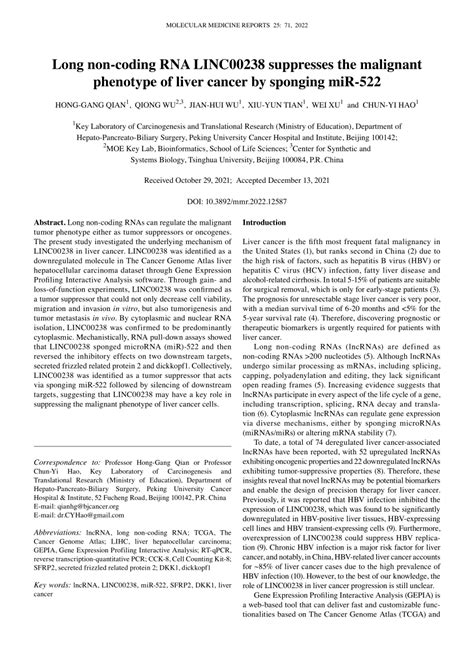 Pdf Long Noncoding Rna Linc Suppresses The Malignant Phenotype