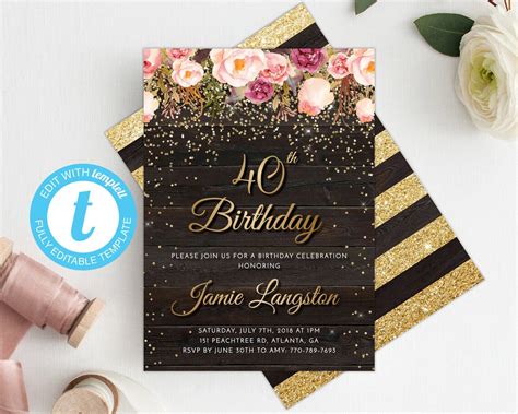 40th Birthday Invitation Women Birthday Invitation Template - Etsy