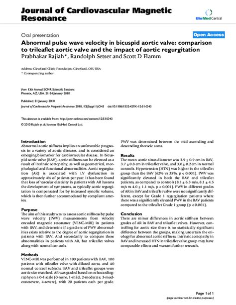 (PDF) Abnormal pulse wave velocity in bicuspid aortic valve: comparison ...