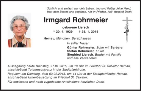 Traueranzeigen Von Hemau Irmgard Rohrmeier Mittelbayerische Trauer