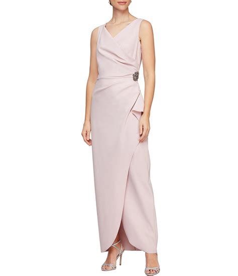 Alex Evenings Sleeveless Surplice V Neck Beaded Detail Ruched Ruffled Sheath Gown Dillards