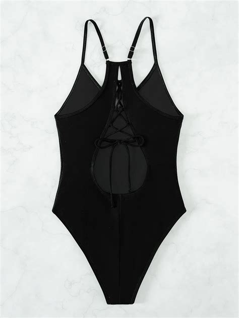 Shein Plain Lace Up Backless One Piece Swimsuit