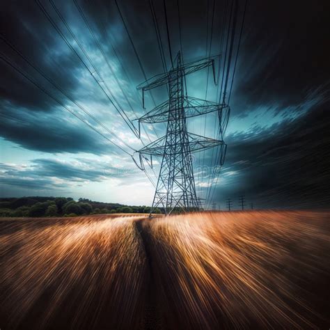 High Voltage Electricity Pylons At Sunset With Motion Blur Effect