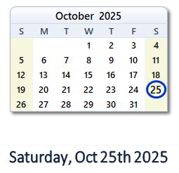 October 25, 2025 Calendar with Holidays & Count Down - USA