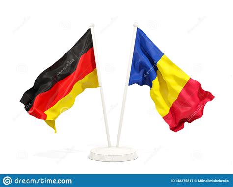 Dos Banderas Que Agitan De Alemania Y De Rumania Aisladas En Blanco