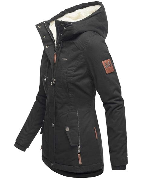 Marikoo Bikoo Damen Teddyfell Gef Ttert Winterjacke B Schwarz Gr