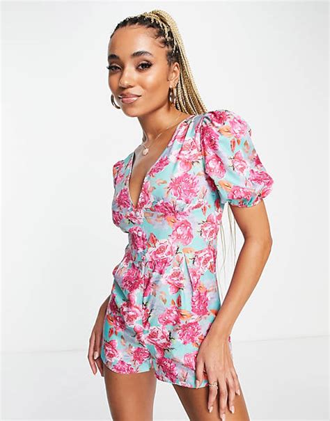 Naanaa Puff Sleeve Playsuit In Bright Floral Asos