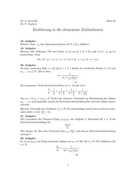 Elementare Zahlentheorie 5 Dr S Trostorff Dr F Morherr Blatt 05