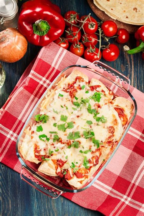 Traditional Mexican Enchiladas With Chicken Meat Spicy Tomato S Stock