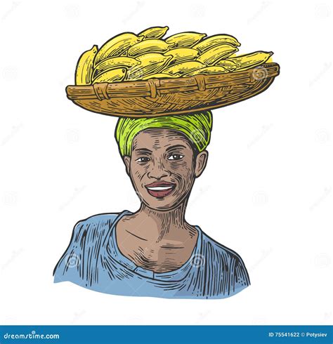 Two Single And Bunches Of Fresh Banana With Leaf African Woman Carries