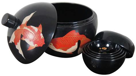 Vintage Bemco Okinawa Lacquerware Nesting Bowls Box Dice Set Koi Fish