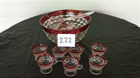 Lot Cranberry Glass Punch Bowl Set Pedestal Cups No Chips