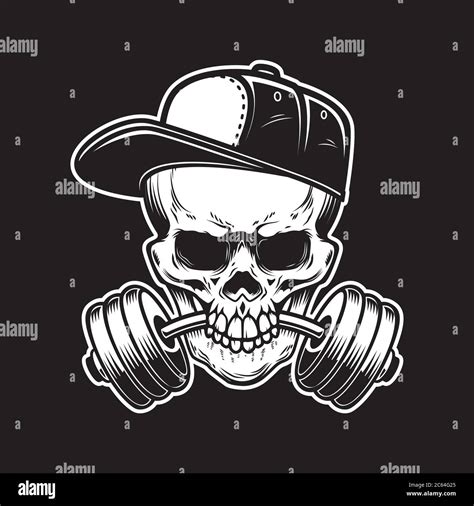 Illustration Of Skull With Barbell In Teeth In Engraving Style Skull In Baseball Cap Design