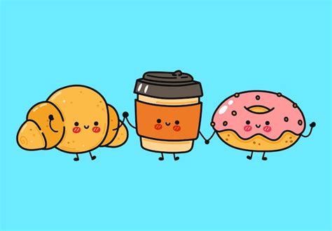 Premium Vector Funny Cute Happy Donut Cofee And Croissant Characters