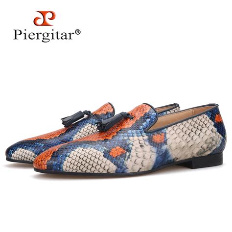 Piergitar Brand Cow Leather Of Snake Pattern Men Tassel Shoes