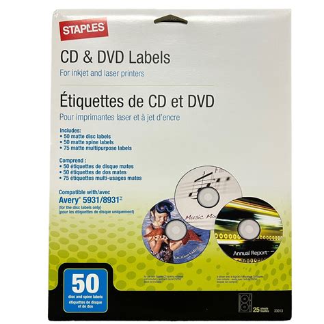 New Staples Laser Inkjet CD DVD Labels White 50 Pack Compatible Avery