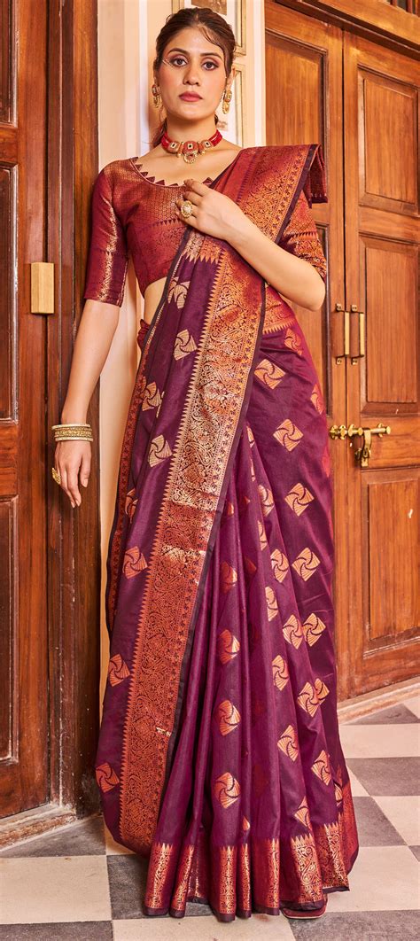 Party Wear Traditional Pink And Majenta Color Blended Fabric Saree