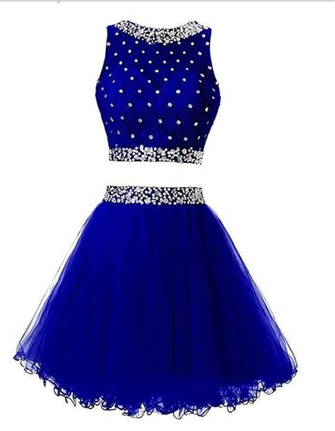 A Line Homecoming Dresses 2 Piece Royal Blue Prom Dresses High Neck