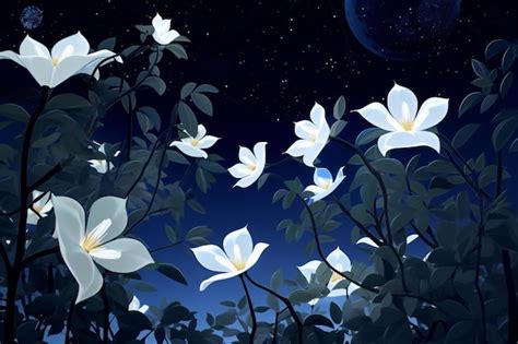 Ilustraci N De Flores Blancas Sobre Un Fondo De Cielo Nocturno Azul