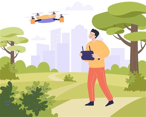 Homem Alegre Dos Desenhos Animados Operando Drone Ao Ar Livre Vetor