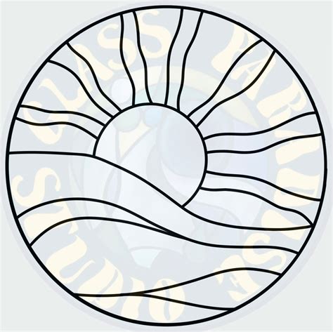 A Circular Stained Glass Window With The Sun In It S Center And Water Waves