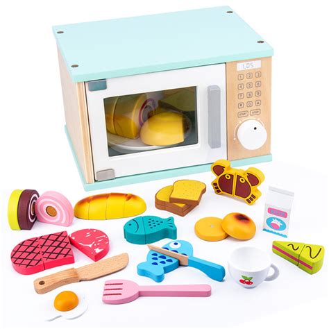 18pcs Children Wooden Pretend Play Kitchen Microwave Oven Toy