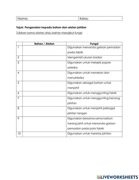 Alatan Dan Bahan Jahitan Worksheet Live Worksheets