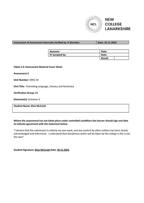 Plln Assessment 2 Elise Mc Cuish Instrument Of Assessment Internally Verified By K Sheridan