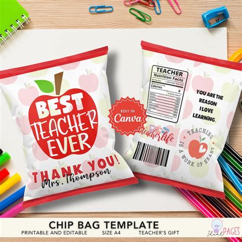 Teacher Appreciation Chip Bag Template Diy Party Favor Printable Back