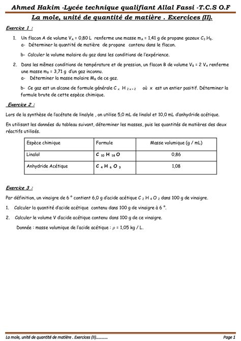 La mole unité de quantité de matière Exercices non corrigés 3