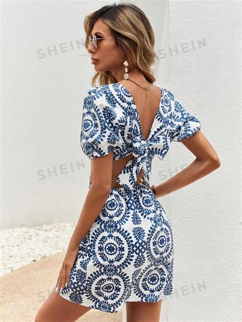 Shein Vcay Summer Allover Print Ring Linked Cut Out Waist Bodycon Dress Shein Uk